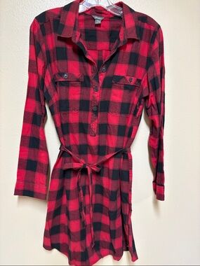Eddie Bauer Red and Black Plaid Shirt Dress with Waist Tie